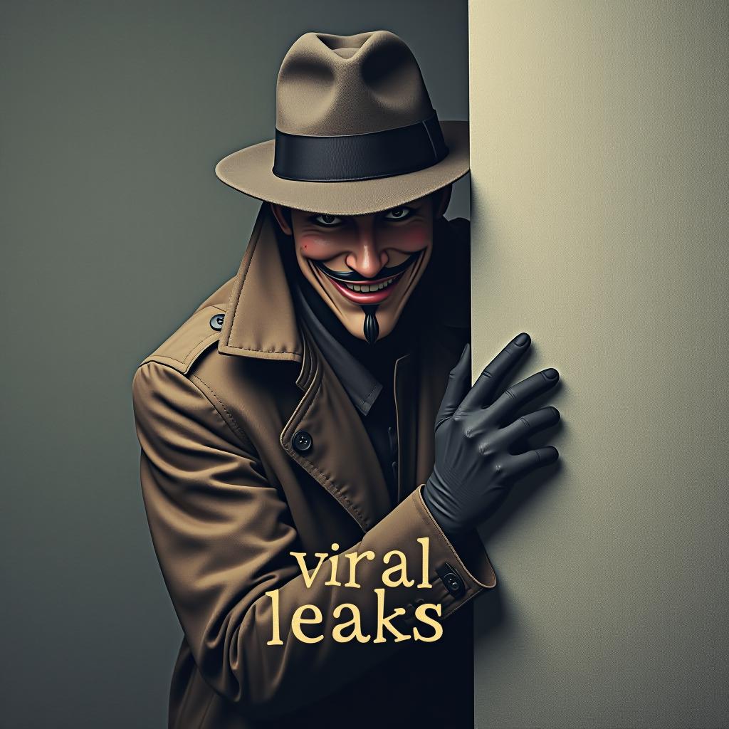  good quality, high quality, a anonymous hide face for "viral leaks," featuring a realistic character wearing a trench coat and hat, peeking out from behind a wall with a mischievous grin. the text "viral leaks" is styled in a font with subtly integrated into the design, representing the idea of leaks.