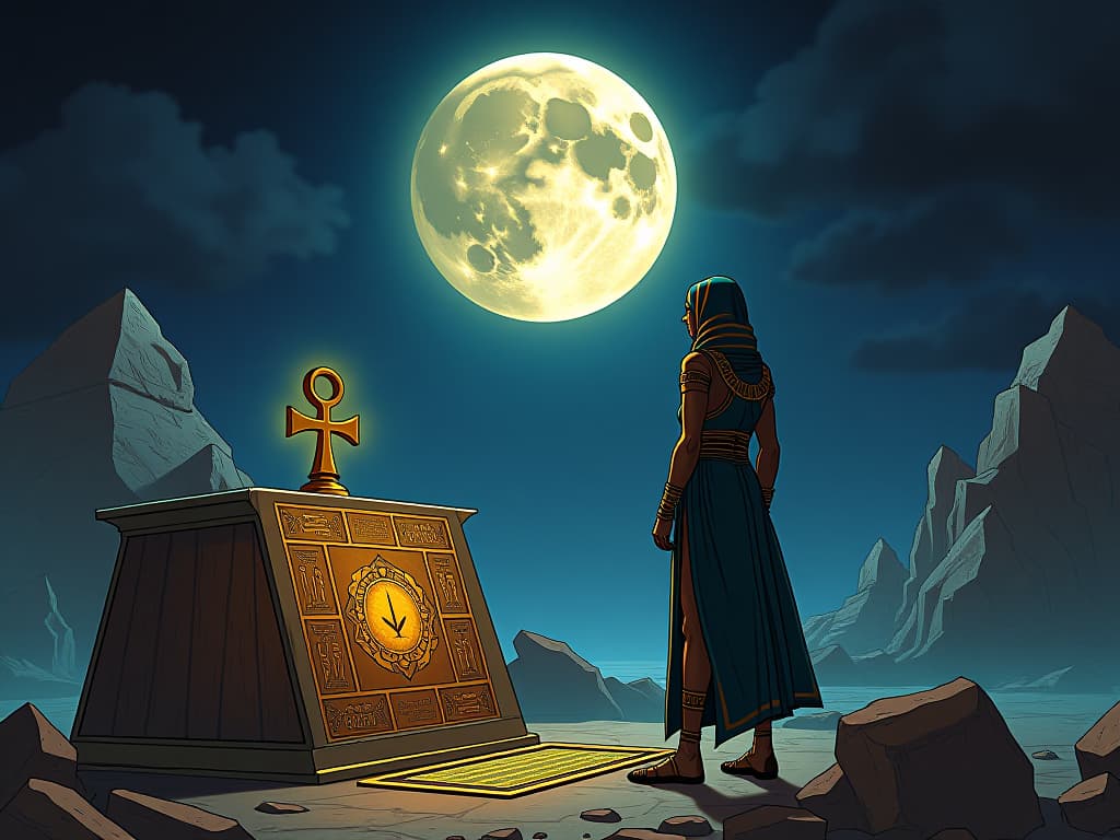  ankh symbol glowing under the radiant moon, altar nearby with inscriptions of intentions, egyptian figure in tight robes setting intentions under celestial light. the style is digital art illustration / modern comic book / mysterious occult, symbolic, esoteric vibe,high detail on character design, incorporating ancient egyptian symbology and attire.