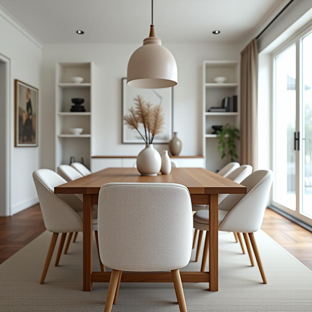  capture a stunningly beautiful, hyperrealistic 8k photograph in a formal dining room designed in scandinavian style, emphasizing simplicity, functionality, and warm, inviting tones. the scene features scandinavian inspired furniture and decor, set against a backdrop of nordic white (crisp, clean white palette, rgb(255,255,255)), creating a serene atmosphere. the close up photo, taken with a 60mm f2.8 macro lens, shows detailed views of decor or furniture, highlighting abstract geometric shapes on wool upholstery and pine wood material. the image is characterized by sharp focus, symmetrical balance, and intricate details, with professionally color graded and unedited raw capture. bright, soft, diffused light (snowy light) enhances the visual