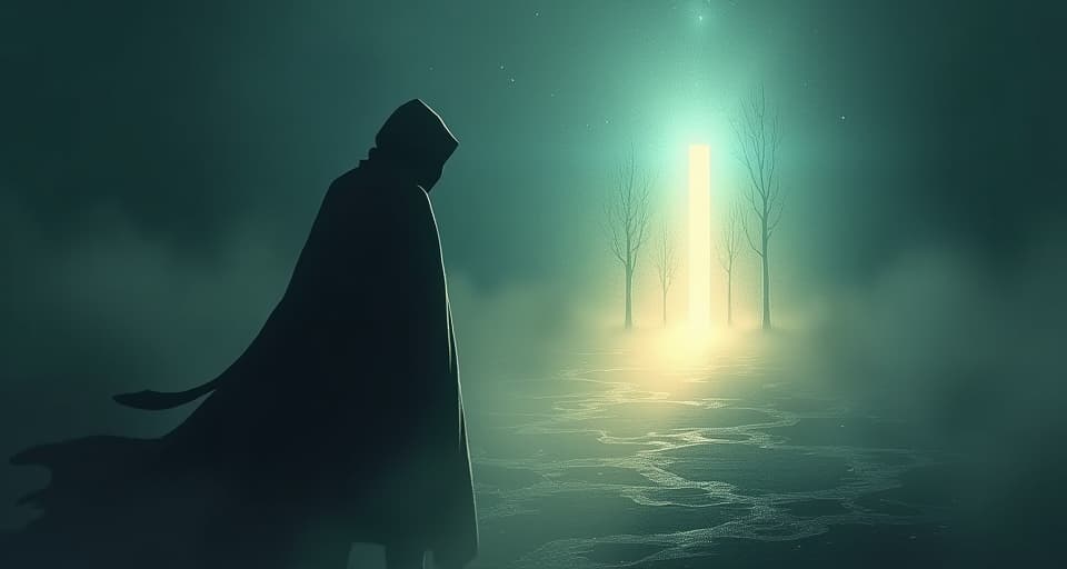  a shadowy figure cloaked in insecurity, crumbling as a radiant light source approaches. depiction of vanishing insecurity, ethereal and illuminating the surroundings.. the style is digital art illustration,highly detailed, whimsical,magical, dreamlike atmosphere, realism and fantasy blend, smooth, glossy textures,luminous quality, wonder and enchantment.