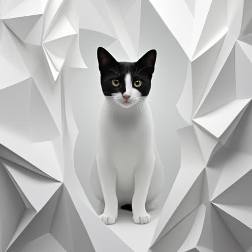  amidst a world of sharp, angular folds resembling intricate paper art, a striking figure emerges — a white cat with sleek black fur and a mysterious white patch on its forehead. the geometric precision of the scene accentuates the cat's elegance, capturing the interplay of light and shadow on its fur and the subtle textures of its features. the minimalist yet intricate visual exudes a sense of depth and dimension, inviting viewers to appreciate the meticulous details of this paper inspired masterpiece. hyperrealistic, full body, detailed clothing, highly detailed, cinematic lighting, stunningly beautiful, intricate, sharp focus, f/1. 8, 85mm, (centered image composition), (professionally color graded), ((bright soft diffused light)), volumetric fog, trending on instagram, trending on tumblr, HDR 4K, 8K