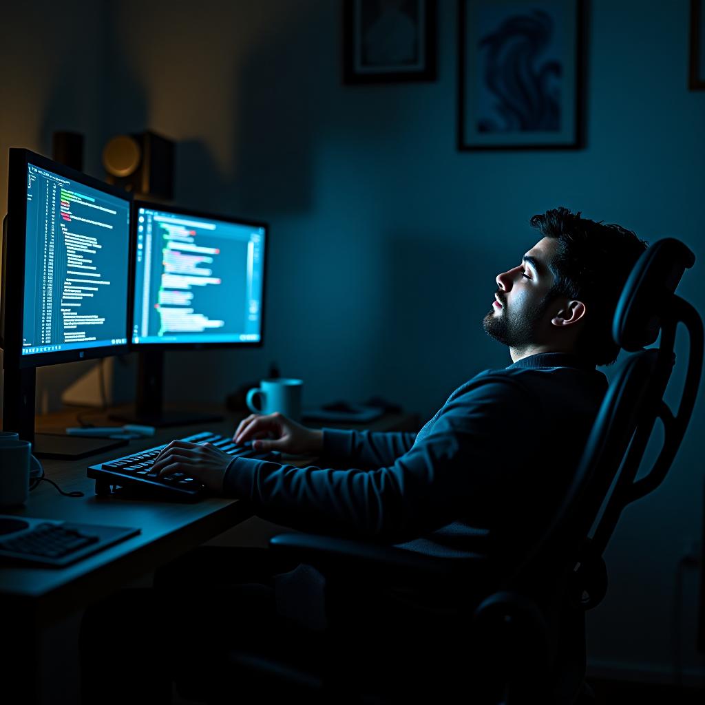  create a high quality, photorealistic image that vividly depicts the following scene: a cinematic snapshot of a weary software engineer, subtle stubble hidden in the dim light. he is leaning back in his ergonomic chair, shoes off, eyes closed in solitude. a dimly lit room, except for the radiant, cool glow from the multiple monitor screens displaying detailed code lines. key focus on his hands hovering over the mechanical keyboard, ready to resume the rhythm. the room filled with technical paraphernalia, post it notes stuck on the border of the monitor screen, a side table cluttered with thrown keys, and an empty coffee mug. shot with canon eos r5, f/2.8, iso 400, 1/60s, 8k, raw, with a mood enhancing low key lighting for a deep contra hyperrealistic, full body, detailed clothing, highly detailed, cinematic lighting, stunningly beautiful, intricate, sharp focus, f/1. 8, 85mm, (centered image composition), (professionally color graded), ((bright soft diffused light)), volumetric fog, trending on instagram, trending on tumblr, HDR 4K, 8K