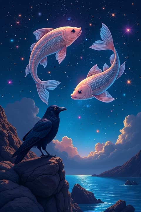  a mesmerizing illustration of the pisces constellation, featuring two fish gracefully swimming through a starry night sky, surrounded by ethereal glowing stars and cosmic dust. in the foreground, a mysterious black crow perched on a rocky outcrop, its feathers shimmering under the celestial light, with an intricate blend of colors illuminating the scene, evoking a sense of wonder and magic. the background is filled with deep blues and purples of the cosmos, creating a harmonious balance between the natural and the mystical.