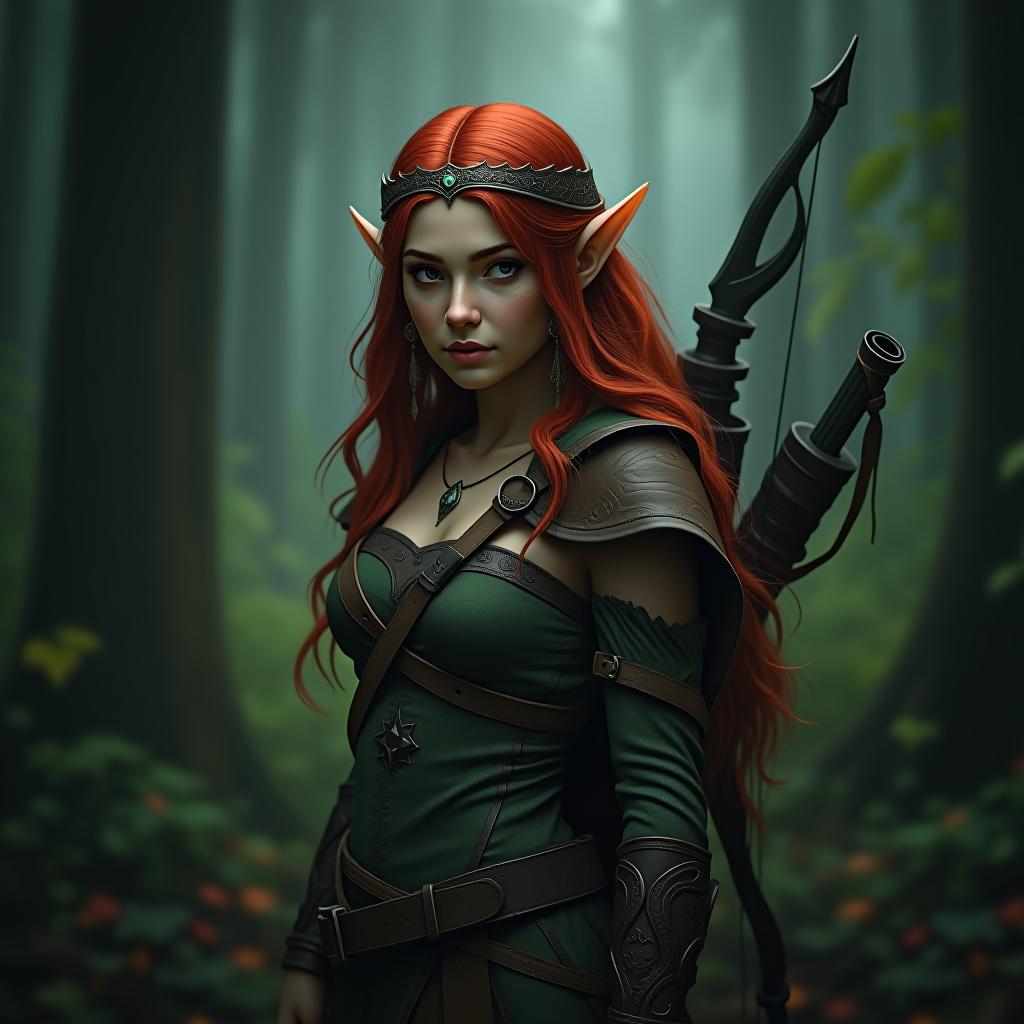  forest elf huntress with red hair in a dark fantasy forest photo realistic, highly intricate and detailed, masterpiece, ultra high res,photography,8k resolution