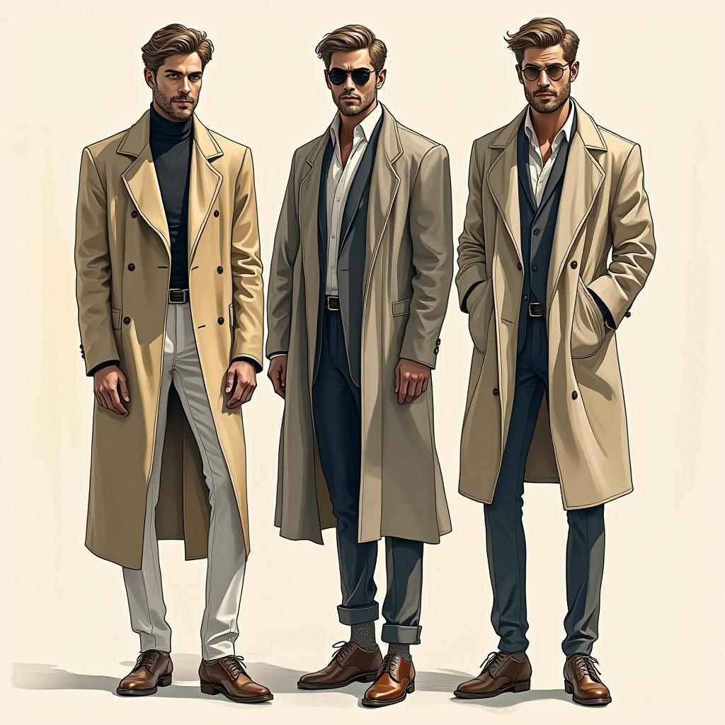  fashion illustration, men wearing original asymmetric coats and skinny pants,in different poses, award winning, professional, highly detailed, masterpiece