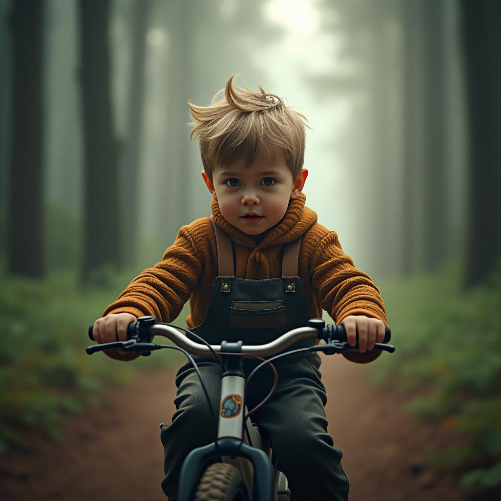  a child on a bicycle in the forest. hyperrealistic, full body, detailed clothing, highly detailed, cinematic lighting, stunningly beautiful, intricate, sharp focus, f/1. 8, 85mm, (centered image composition), (professionally color graded), ((bright soft diffused light)), volumetric fog, trending on instagram, trending on tumblr, HDR 4K, 8K