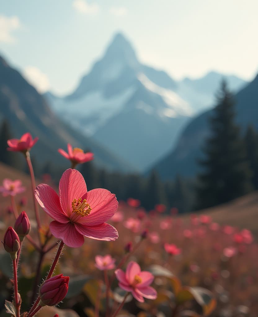  cinematic photo old photo, ultra clear, pinterest aesthetics, very beautiful wallpaper on the phone, realistic live flowers, mountains, snow, beige crimson maroon space glitter, bordeaux, beige, crimson, gold, black, red brown, dark green nikon z 7 + nikkor z 24 70 mm f/4 s 70 mm, iso 64, 1/8, f/11 . 35mm photograph, film, bokeh, professional, 4k, highly detailed