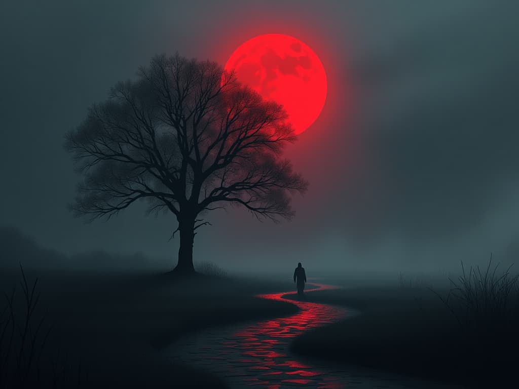  gloomy landscape with a lone tree, desolate surroundings, heavy mist, a faint sense of presence in the silence. the style is digital art illustration / modern comic book / graphic dark novel fantasy and mysterious occult, symbolic, moody lighting, esoteric vibe,high detail on character design. for the color scheme emphasize blacks and reds.