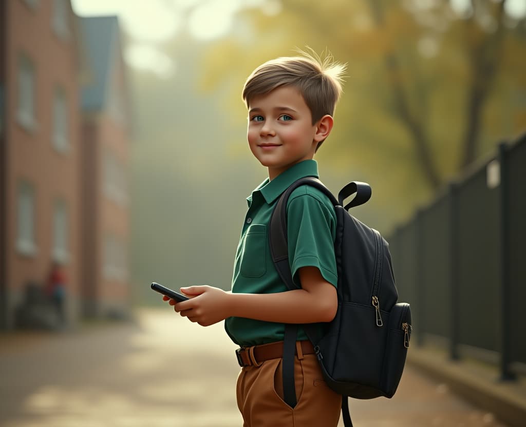  a little boy, a european schoolboy in a green shirt and brown trousers with a backpack standing next to the school, holding a phone in hand hyperrealistic, full body, detailed clothing, highly detailed, cinematic lighting, stunningly beautiful, intricate, sharp focus, f/1. 8, 85mm, (centered image composition), (professionally color graded), ((bright soft diffused light)), volumetric fog, trending on instagram, trending on tumblr, HDR 4K, 8K