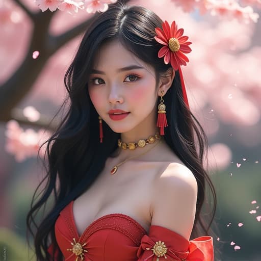  a beautiful japanese female with long, flowing black hair, dressed in a stylishly outfit that accentuates her figure. she is posed in an artistic manner, showcasing her elegance and allure. the setting features soft lighting, perhaps in a serene japanese garden, with cherry blossoms gently falling around her. her expression is yet , embodying youthful charm and confidence, with intricate details in her fashion and makeup.