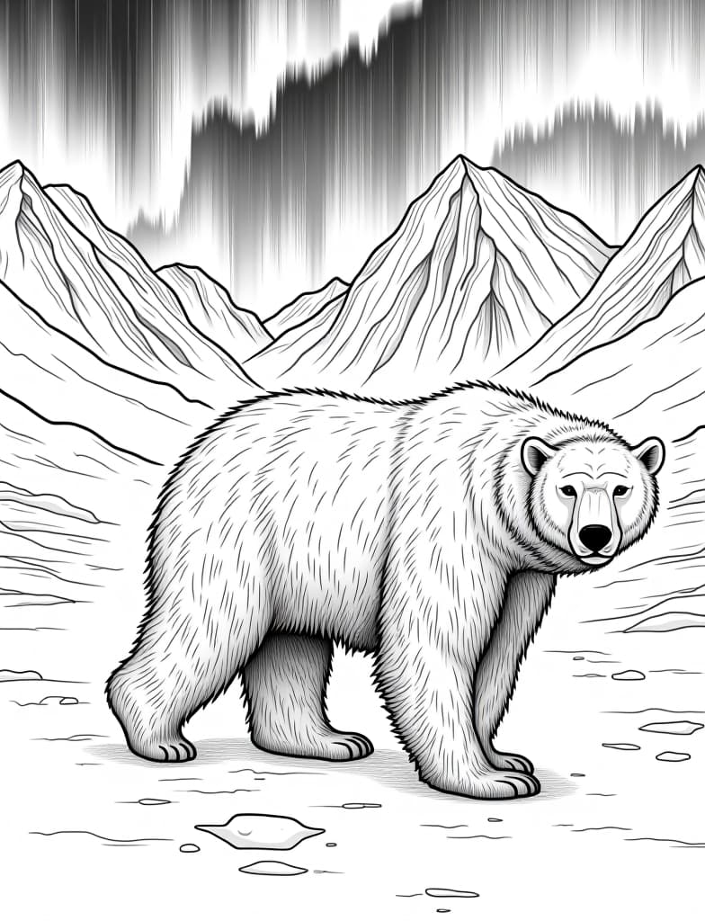  this is for an adult coloring page. a detailed black and white line art of a snowy polar bear walking across a snowy landscape under the northern lights on a solid white background.