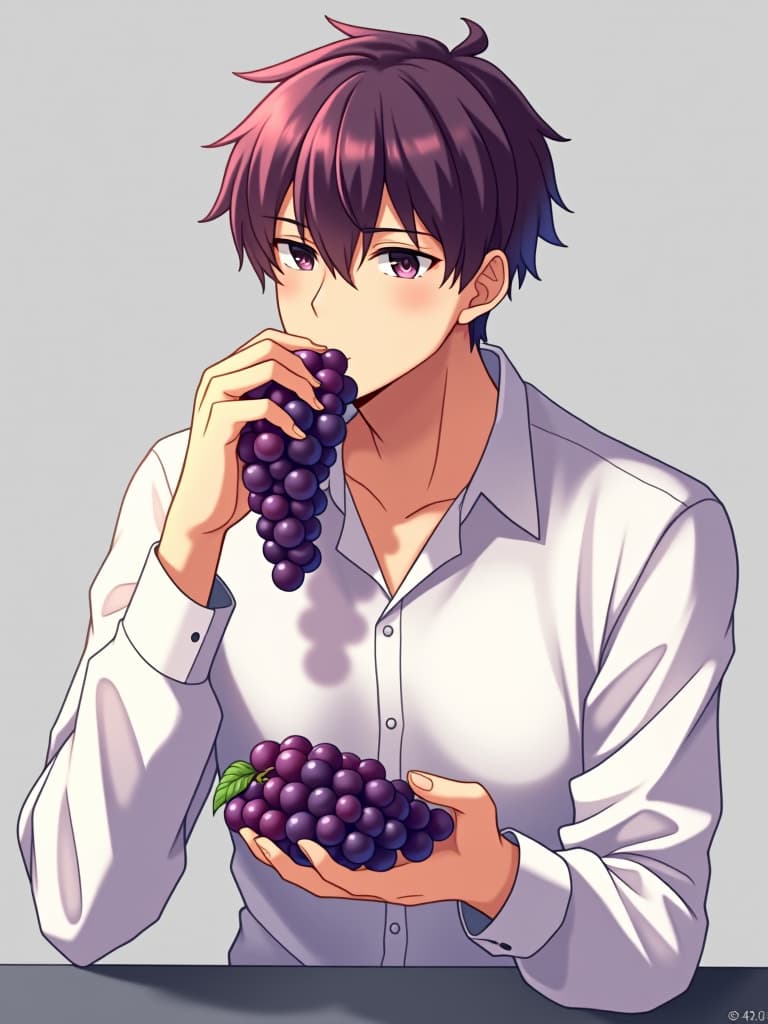  (eating grape: 2.0) masterpiece, ((eating gs🍇: 1.2)) solo, short hair, brown hair, simple background, shirt, one man, long sleeves, ((holding) : 2.0)) , sitting, purple hair, full body, white shirt, male focus, black eyes, gray background, eating, gs, quality, 8k, super analysis