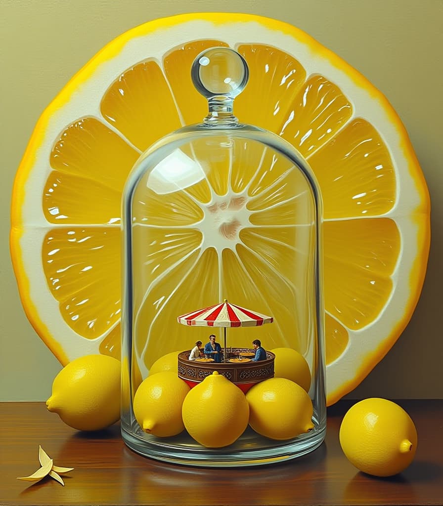  hyperrealistic art painting. oil painting. (an empty glass lemon storage vessel, inside a circle of cut lemon in the background, with a glass lid in the shape of a dome, houses a miniature cafe with tables and with visitors:1.5). surrealism style. high detail. high resolution. . extremely high resolution details, photographic, realism pushed to extreme, fine texture, incredibly lifelike