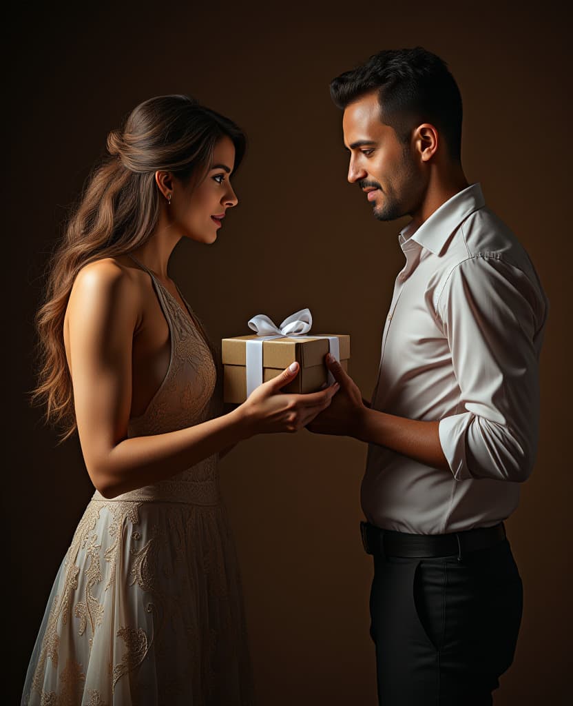  hdr photo of a beautiful woman in a dress gives a man in a shirt a small gift, a model, on a dark brown background . high dynamic range, vivid, rich details, clear shadows and highlights, realistic, intense, enhanced contrast, highly detailed