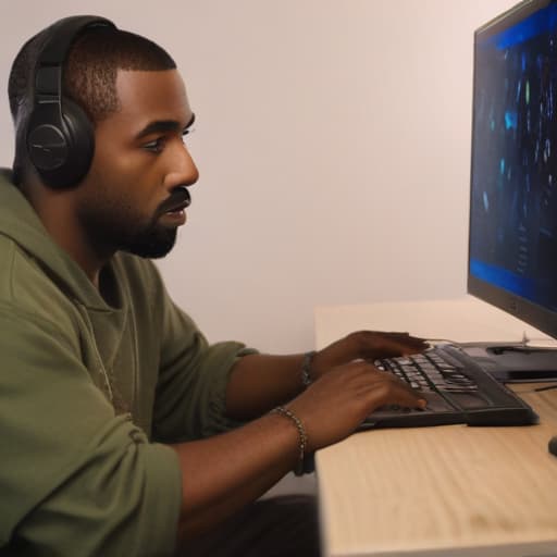 Kanye West sitting at a computer playing fortnite