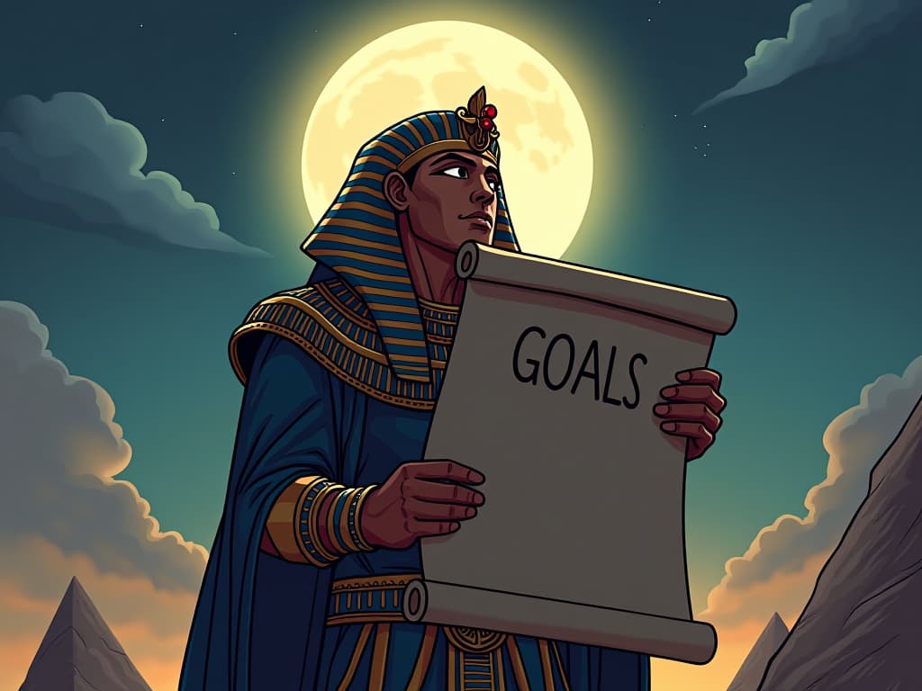  pharaoh holding a scroll with clear goals inscribed, under the moonlit sky, celestial light providing focus and clarity, emboldening resolve. the style is digital art illustration / modern comic book / mysterious occult, symbolic, esoteric vibe,high detail on character design, incorporating ancient egyptian symbology and attire.