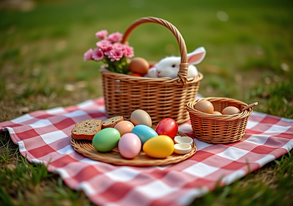  seasonal easter picnic with checkered blanket and woven baskets.