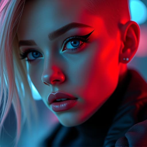  ultra realistic close up portrait of a beautiful pale cyberpunk female with heavy black eyeliner, blue eyes, shaved side haircut, hyper detail, cinematic lighting, magic neon, dark red city, canon eos r3, f/1.4, iso 200, 8k hyperrealistic, full body, detailed clothing, highly detailed, cinematic lighting, stunningly beautiful, intricate, sharp focus, f/1. 8, 85mm, (centered image composition), (professionally color graded), ((bright soft diffused light)), volumetric fog, trending on instagram, trending on tumblr, HDR 4K, 8K