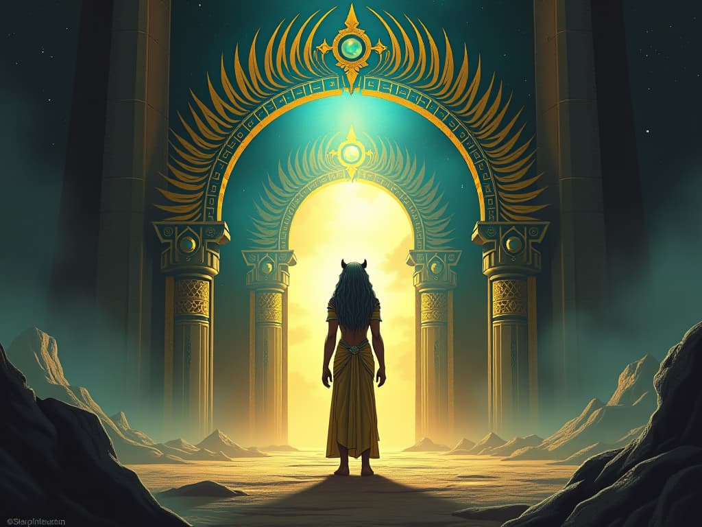  striking scene of a majestic lion headed goddess sekhmet, standing at the entrance of an otherworldly gate, ethereal light spilling through, beckoning exploration into the unknown, mystical allure, ancient power, celestial guidance. the style is digital art illustration / modern comic book / mysterious occult, symbolic, esoteric vibe,high detail on character design, incorporating ancient egyptian symbology and attire.