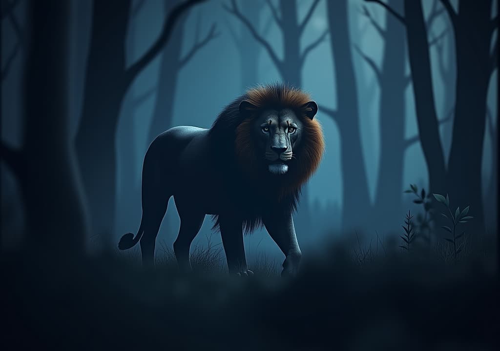  3d rendering a wild lion on the night forest isolated abstract dramatic background.