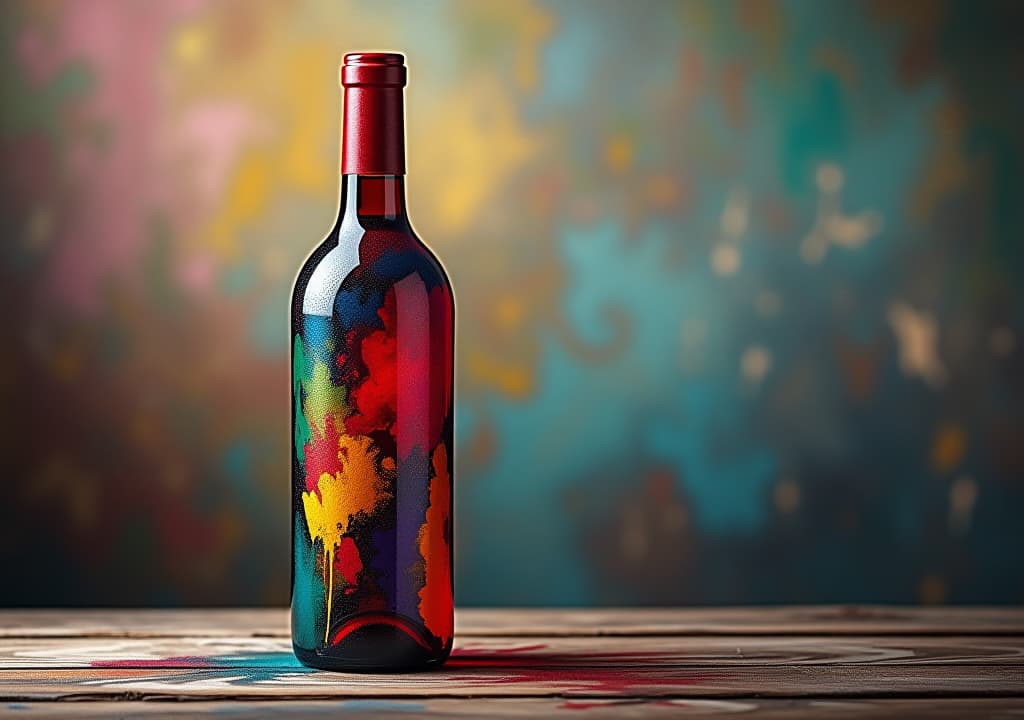  a bottle of wine painted with colorful paints handmade, high quality, high details, hd, perfect composition, 4k epic detailed, highly detailed, sharp focus, high resolution