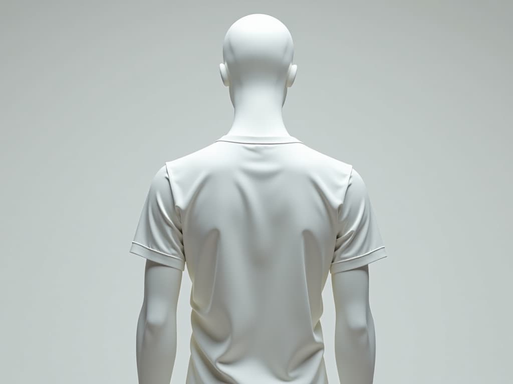  short sleeve white shirt with a round neck with a human shaped mannequin with head, on a plain background back view hyperrealistic, full body, detailed clothing, highly detailed, cinematic lighting, stunningly beautiful, intricate, sharp focus, f/1. 8, 85mm, (centered image composition), (professionally color graded), ((bright soft diffused light)), volumetric fog, trending on instagram, trending on tumblr, HDR 4K, 8K