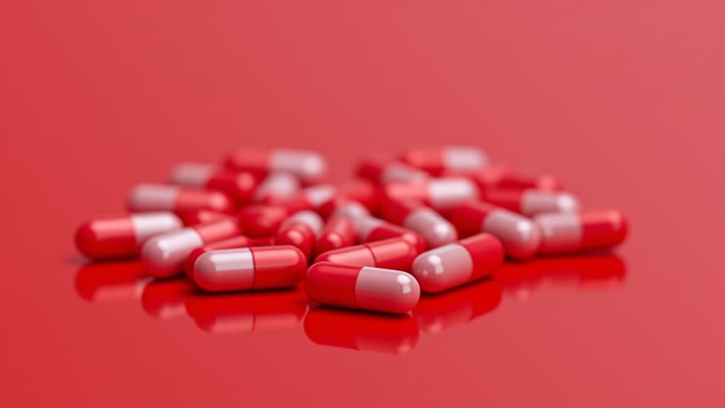  pile of glossy red and white capsule pills on a reflective red surface with a matching red background