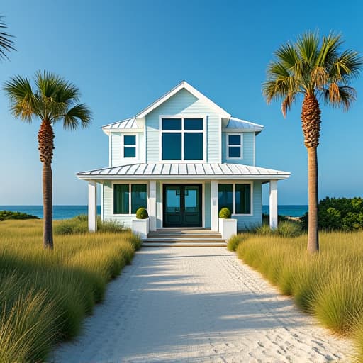  a beachside house with light blue shiplap siding, white trim, and large windows facing the ocean; surrounded by palm trees and a sandy pathway leading to the water, under a clear blue sky.