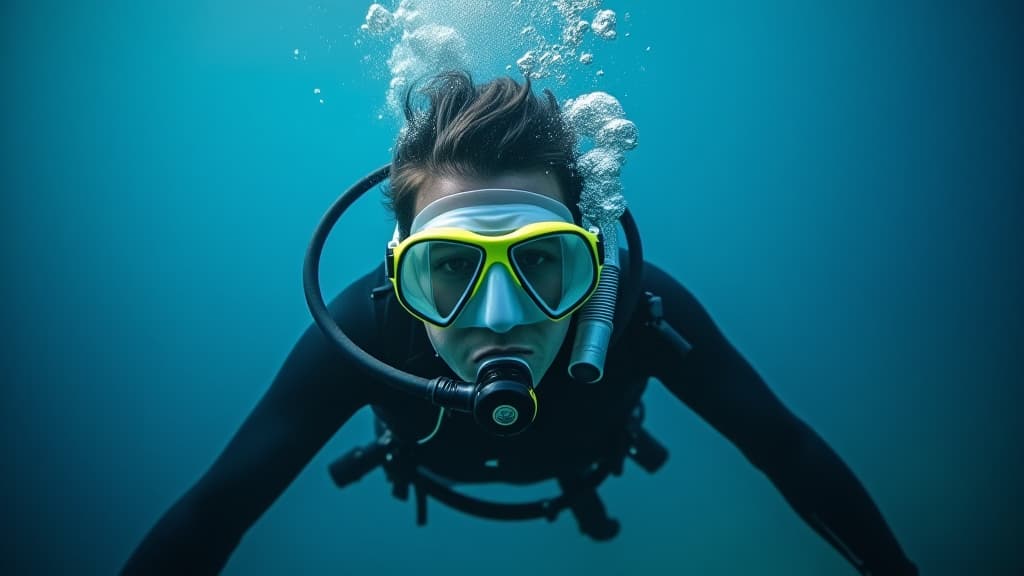  an underwater diver exploring the ocean depths with a full face mask, surrounded by captivating blue water.