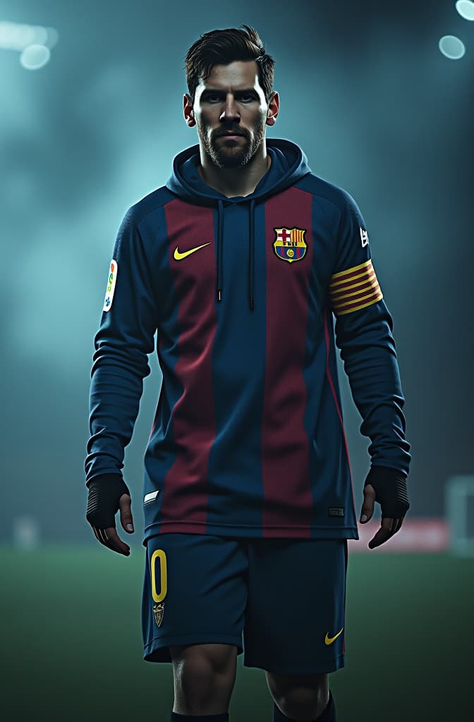  leonel messi hyperrealistic, full body, detailed clothing, highly detailed, cinematic lighting, stunningly beautiful, intricate, sharp focus, f/1. 8, 85mm, (centered image composition), (professionally color graded), ((bright soft diffused light)), volumetric fog, trending on instagram, trending on tumblr, HDR 4K, 8K