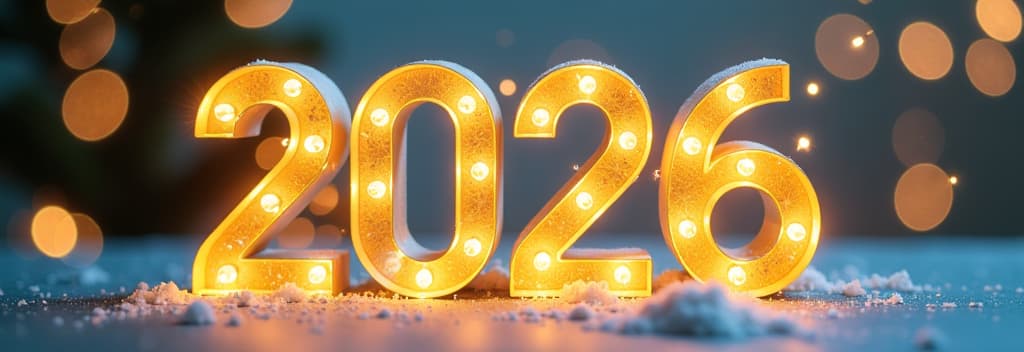  real estate photography style transparent glass golden glowing text “2026”, neon golden glowing lights, christmas gift, festive blurred pastel blue background ar 3:1 . professional, inviting, well lit, high resolution, property focused, commercial, highly detailed