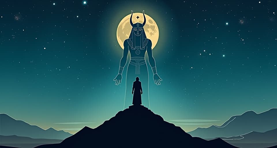  a lone figure standing atop a temple, silhouetted against a starlit sky, with the shadowy presence of an ancient goddess behind them, marking a moment of divine selection.. the style is digital art illustration / modern comic book / mysterious occult, symbolic, esoteric vibe,high detail on character design, incorporating ancient egyptian symbology and attire.