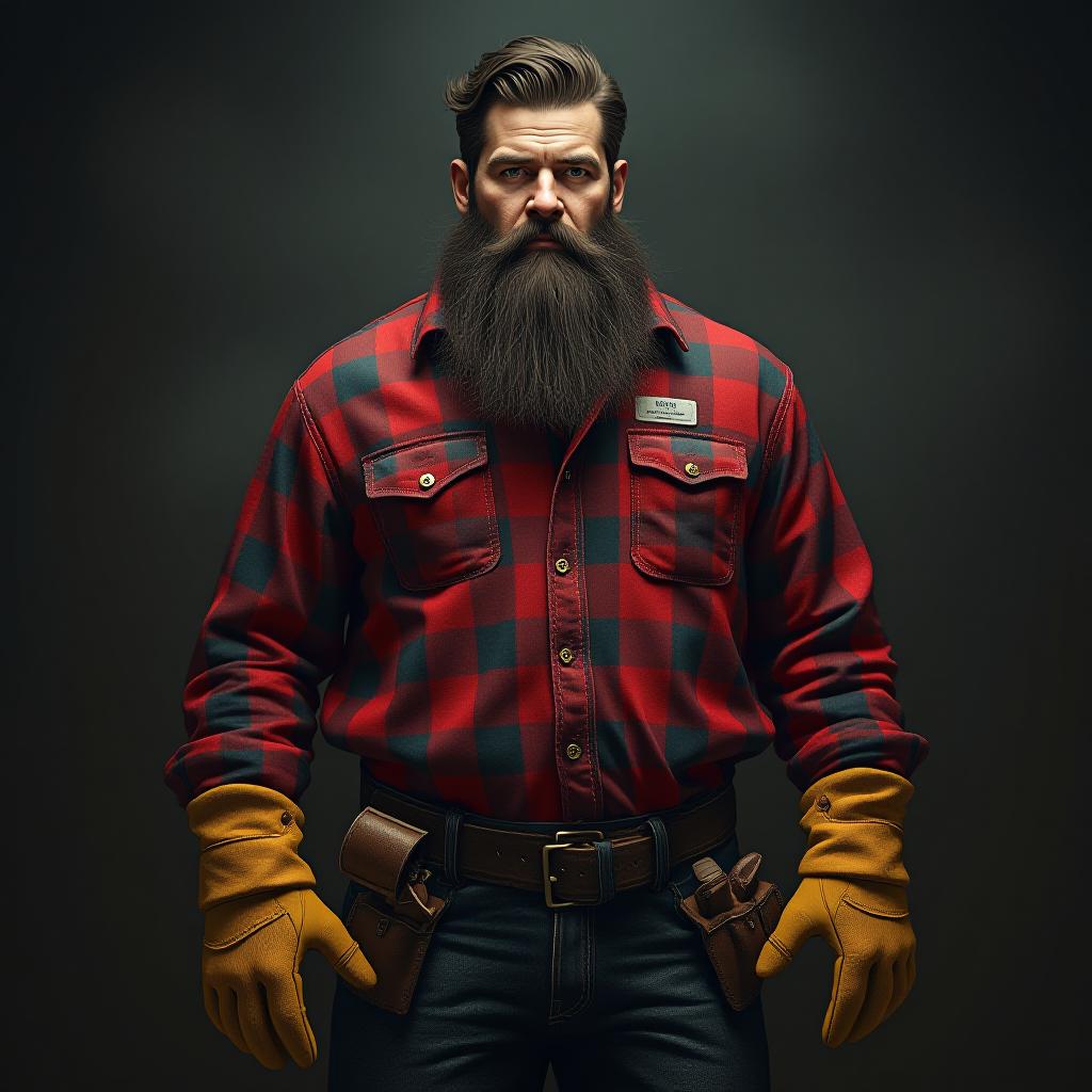  now make a lumberjack 6,10 220 pounds with a red checkered lumberjack sweater with yellowish brown working gloves dark or light jeans with slip on working boots with a dark big bushy beard and bushy long hair make sure it’s realistic and scary in a dark atmosphere and make sure hes tall