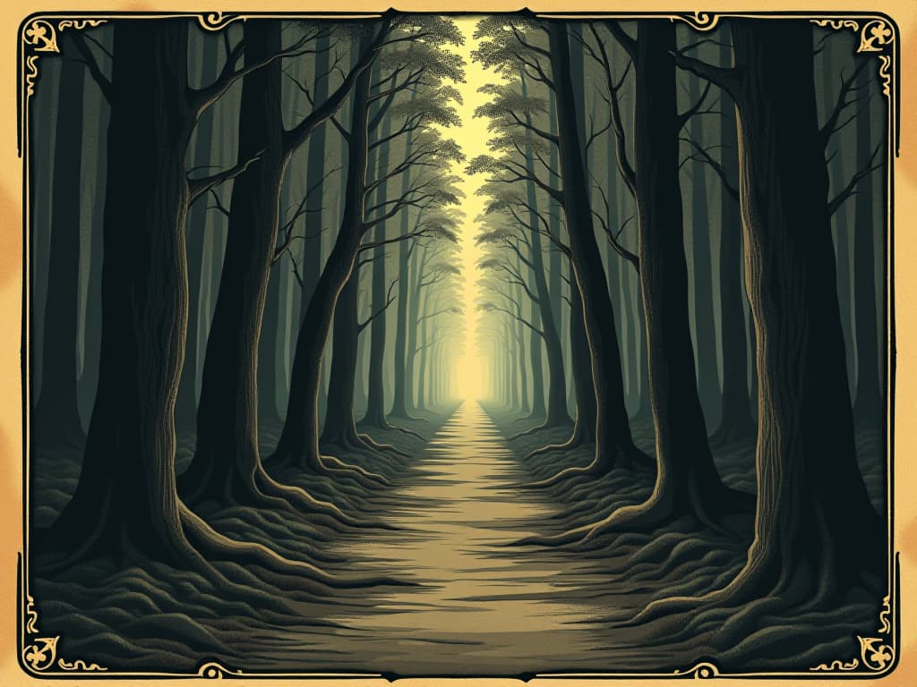  a straight path through a shadowy forest, light breaking in from above, sense of clarity and purpose, mysterious yet inviting. an illustration in the style of a worn, mystical old tarot trump card, mysterious and elements of surrealism. the colors are muted, somber and eerie, but with contrast bring out an occult and esoteric vibe.