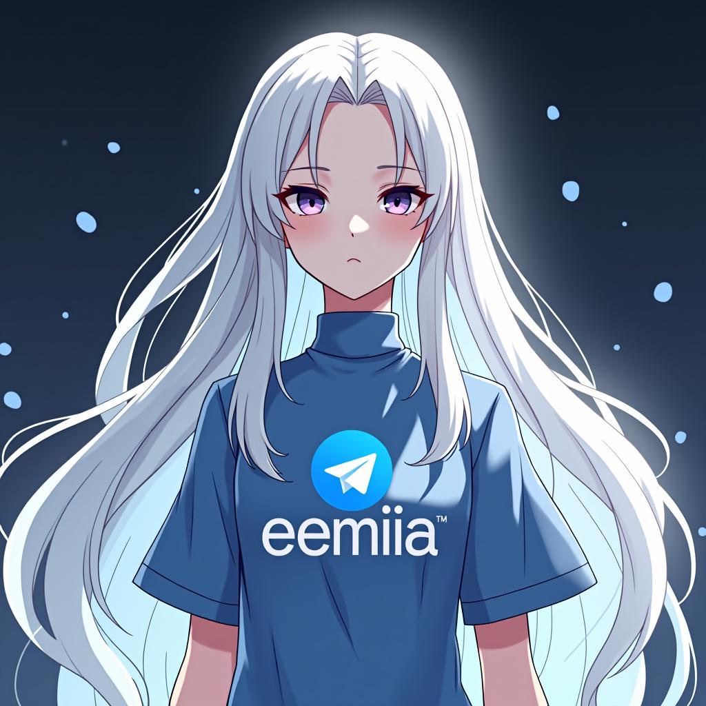  create an image of a character inspired by emilia from re:zero, featuring long white hair and an elegant appearance. the character should be wearing a shirt with the telegram logo, embodying peace and serenity. the design should be background, and include the name 'emilia' in a logo font