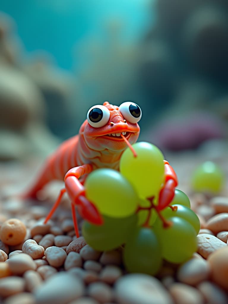  a colorless shrimp on the seabed smiles happily while eating big green grapes. cartoon style. colorful. fantastic. firooze hyperrealistic, full body, detailed clothing, highly detailed, cinematic lighting, stunningly beautiful, intricate, sharp focus, f/1. 8, 85mm, (centered image composition), (professionally color graded), ((bright soft diffused light)), volumetric fog, trending on instagram, trending on tumblr, HDR 4K, 8K