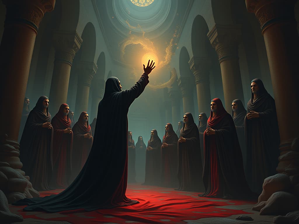  figure reaching out with an open hand, others in the background hesitant, light suggesting hope and change, detailed surroundings showing past and present.. the style is dark fantasy and mysterious occult, symbolic, moody lighting, esoteric vibe,high detail on character design. for the color scheme emphasize blacks and reds.