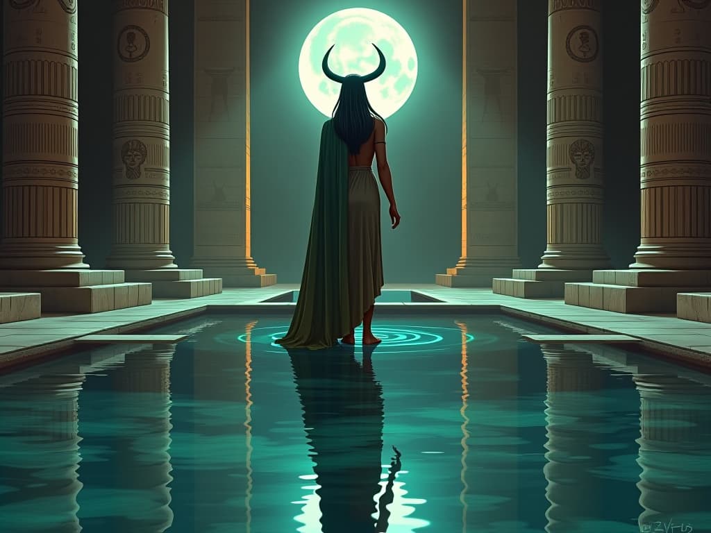  reflection pool in an ancient temple, clear water showing a person's thoughtful face, moonlight adding a serene glow, mood of introspection and clarity. the style is digital art illustration / modern comic book / mysterious occult, symbolic, esoteric vibe,high detail on character design, incorporating ancient egyptian symbology and attire.