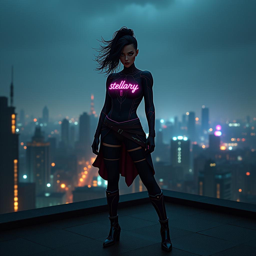  digital artwork, concept art, a cyberpunk with stellary ai text on her , standing on rooftop with a dark dystopian city in the background, dynamic pose, fierce, comics style, extremely intricate, extremely detailed, ominous lighting, dramatic lighting, dark stormy night, shot with helblad, long exposure hyperrealistic, full body, detailed clothing, highly detailed, cinematic lighting, stunningly beautiful, intricate, sharp focus, f/1. 8, 85mm, (centered image composition), (professionally color graded), ((bright soft diffused light)), volumetric fog, trending on instagram, trending on tumblr, HDR 4K, 8K