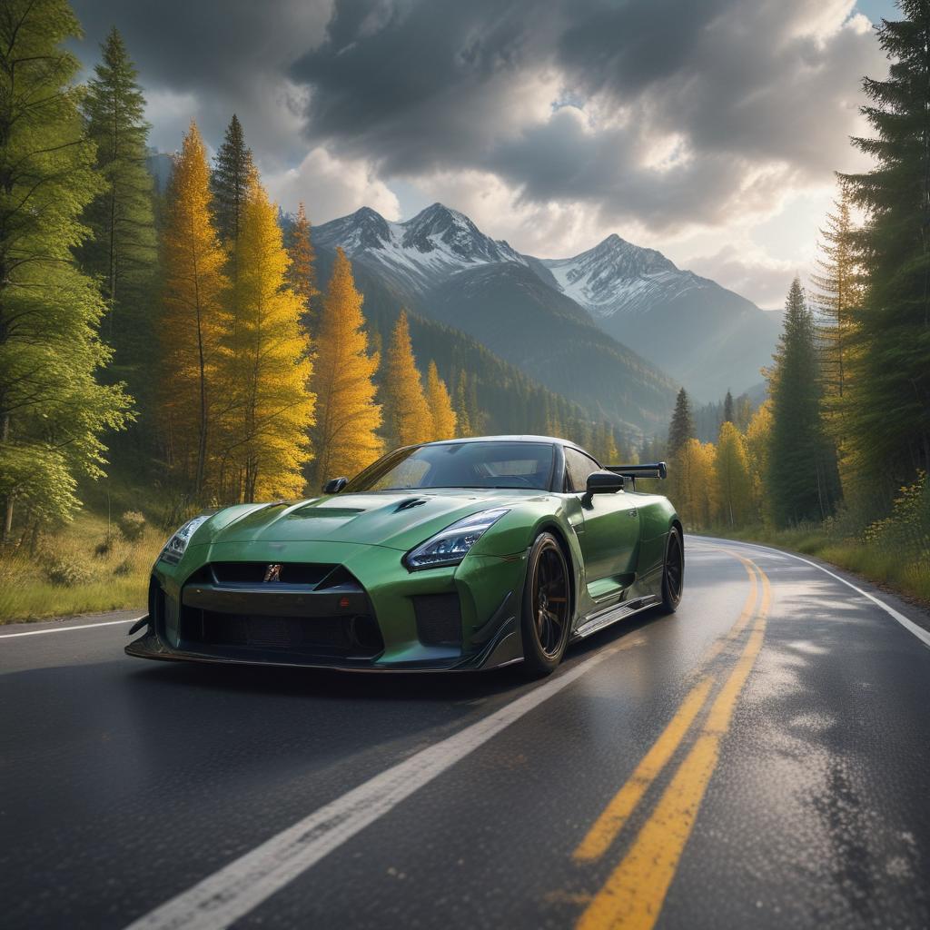 ((masterpiece)), (((best quality))), 8k, high detailed, ultra detailed, A high speed sports car (GTR), racing on a winding mountain road, (sunlight gleaming off the metallic paint), (lush green trees lining the roadside), (distant snow capped mountains in the background), (dramatic sky with swirling clouds) hyperrealistic, full body, detailed clothing, highly detailed, cinematic lighting, stunningly beautiful, intricate, sharp focus, f/1. 8, 85mm, (centered image composition), (professionally color graded), ((bright soft diffused light)), volumetric fog, trending on instagram, trending on tumblr, HDR 4K, 8K