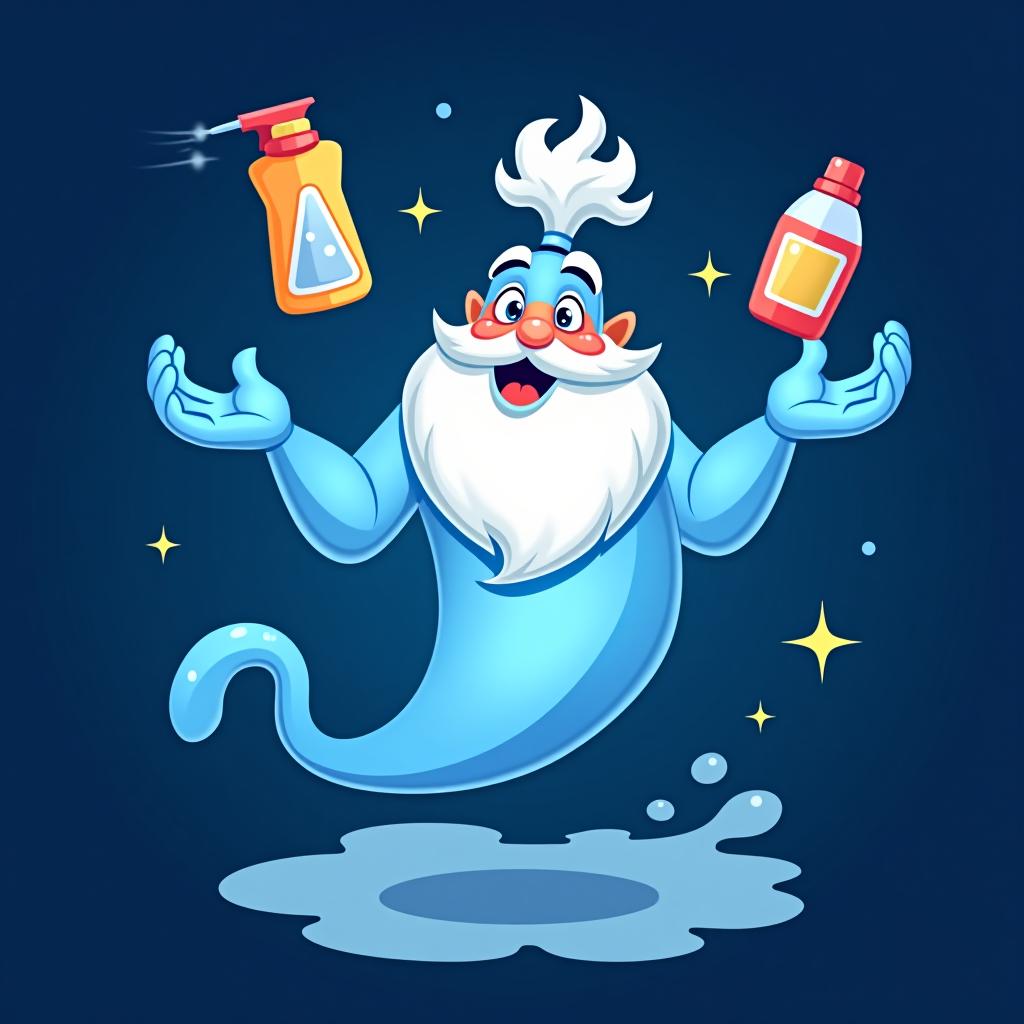  design a logo, genie with cleaning supplies, floating