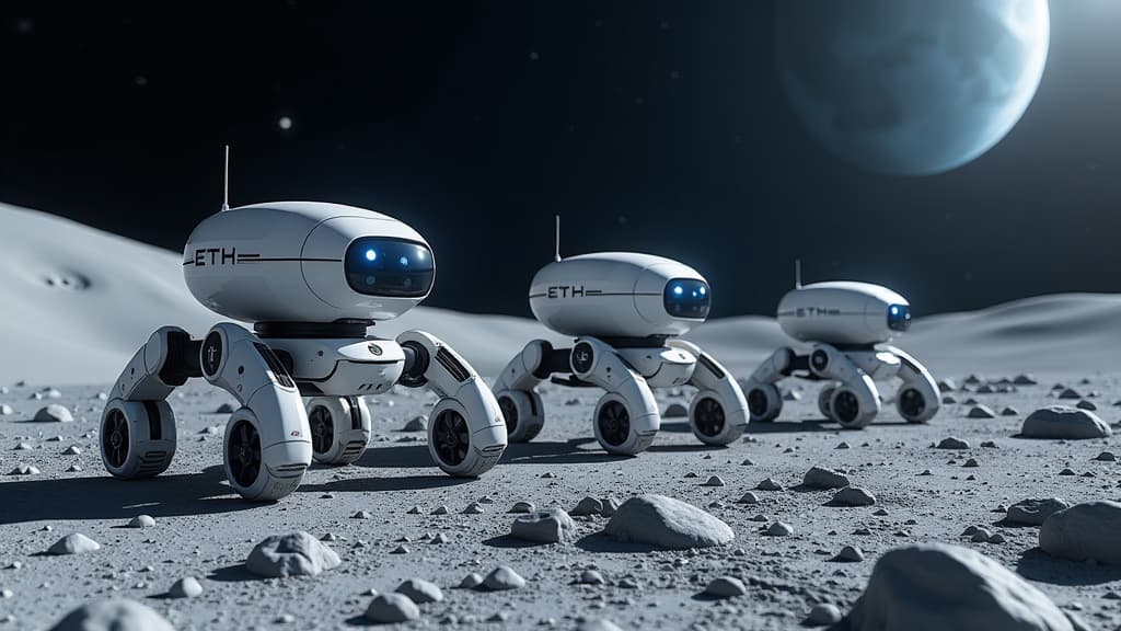  prompt: create an ultra detailed, hyper realistic image of a futuristic moon mission scene inspired by swiss robotics research. the composition should feature a team of three anymal quadruped robots equipped with advanced measuring and analysis instruments on the lunar surface. each robot should be visually distinct, showcasing their specialization in tasks like terrain mapping, geological analysis, and rock identification. incorporate the eth zurich logo prominently on the robots to signify the