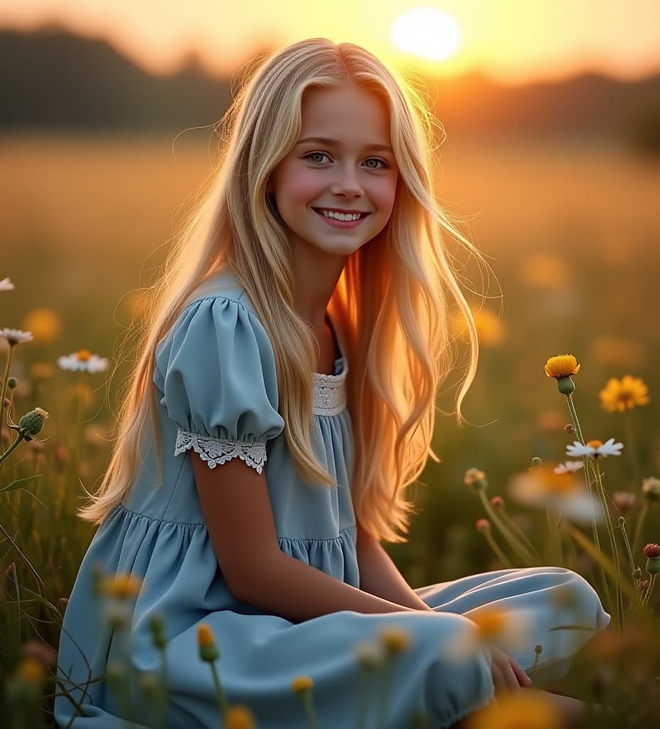  good quality, high quality, a young with long, flowing blonde hair, wearing a light blue dress with white lace trim, sitting in a meadow filled with wildflowers. the sun is setting behind her, casting a soft, golden glow over the scene. photorealistic style, with intricate details of her surroundings and hair blowing in the gentle breeze.