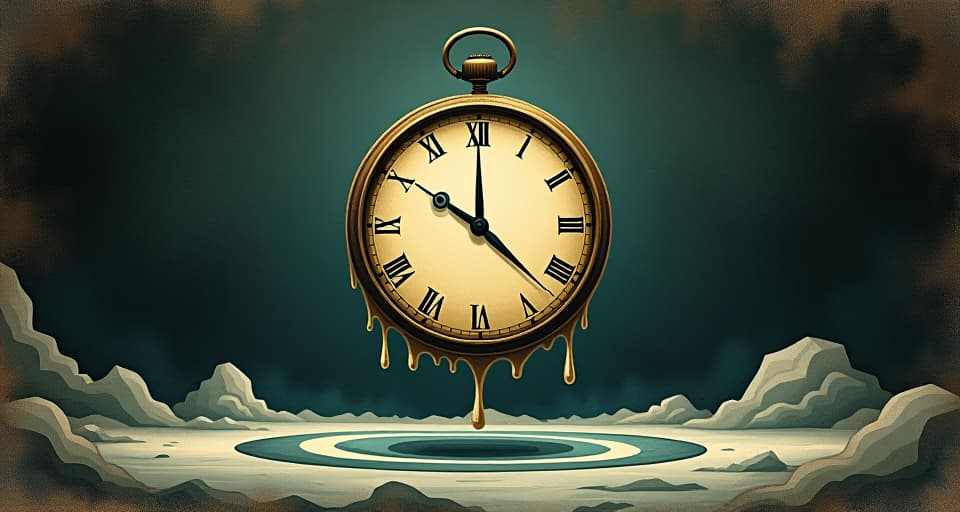  clock with melted edges, suspended in a void, static and frozen, dark abstract background, sense of timelessness, surreal, captivating. an illustration in the style of a worn, mystical old tarot trump card, mysterious and elements of surrealism. the colors are muted, somber and eerie, but with contrast bring out an occult and esoteric vibe.