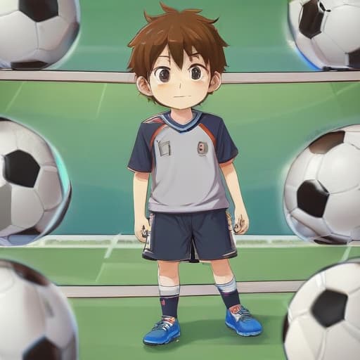 Anime Junge mit Spielkonsole und Fußball in Cartoon style with Ozeane background