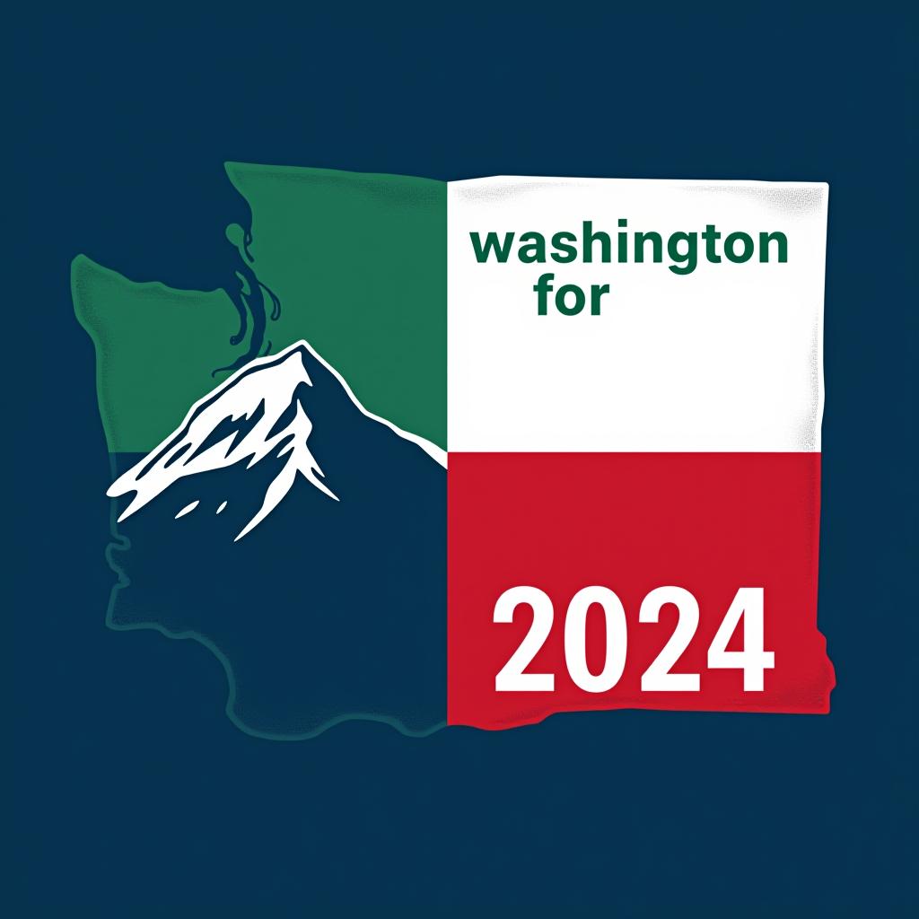  a tshirt design inspired by the washington state flag. the left side features a green vertical stripe with a large mountain in the center. the right side is divided into two horizontal sections: the top section is white with the text 'washington for' in bold, green, uppercase letters, and the bottom section is red with the text 'harris walz 2024' in bold, white, uppercase letters. the overall layout is clean and straightforward, with a clear and patriotic color scheme of blue, white, and red.