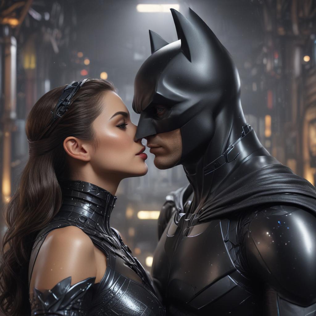 ((masterpiece)),(((best quality))), 8k, high detailed, ultra detailed, Cat Woman kissing Batman, futuristic setting, holographic displays in the background, sci fi elements hyperrealistic, full body, detailed clothing, highly detailed, cinematic lighting, stunningly beautiful, intricate, sharp focus, f/1. 8, 85mm, (centered image composition), (professionally color graded), ((bright soft diffused light)), volumetric fog, trending on instagram, trending on tumblr, HDR 4K, 8K