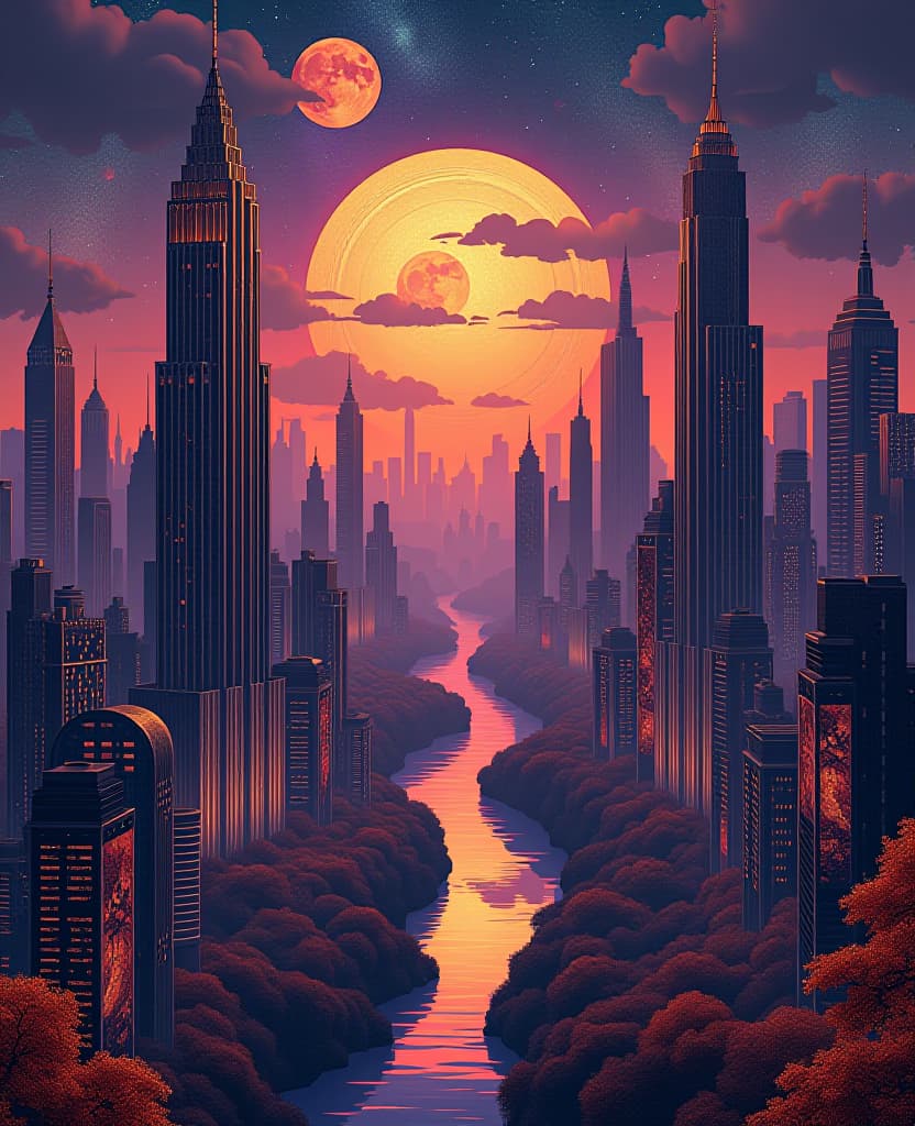  art nouveau style cosmic cityscape blending seamlessly into a holographic horizon at dusk, merging gustav klimt's ornamental textural style with jane newland's intricate line work, golden grounded patterns, shimmering textures, futuristic architecture, klimt esque flourishes, newland like fine lines, vast skyscrapers, spectacular aurora like holograms, twilight hues of purpure. . elegant, decorative, curvilinear forms, nature inspired, ornate, detailed