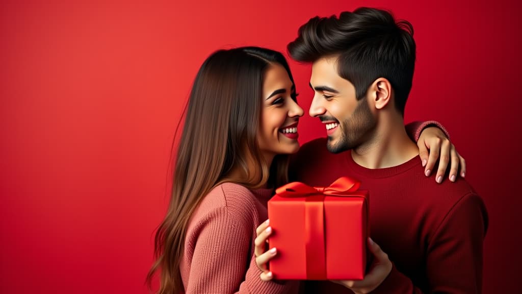  saint valentine's day celebration, gift giving and romantic couple concept. portrait of happy smiling young man and woman hugging and holding red present box