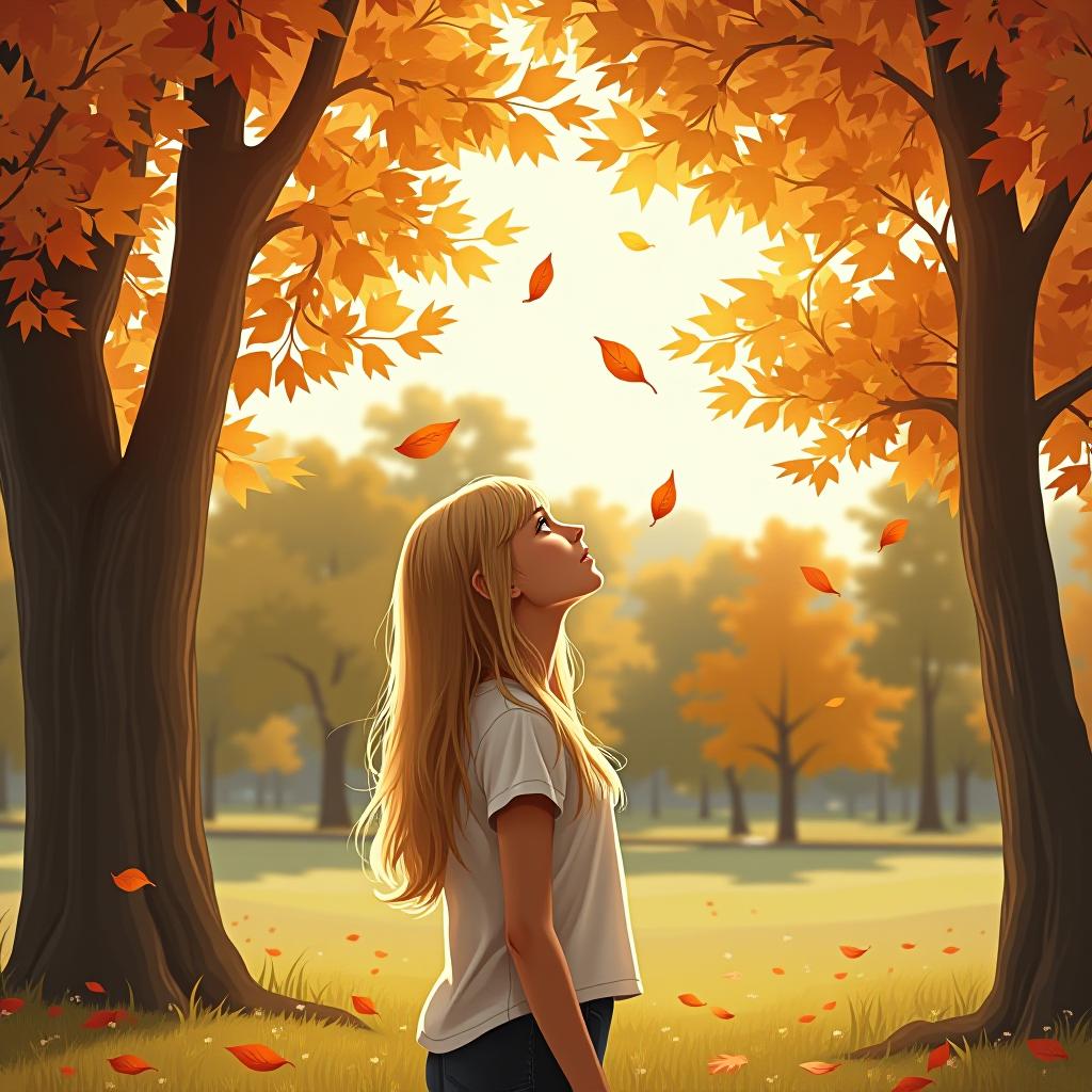  a blonde girl is standing on a sunny day in the park, surrounded by various trees, on the first of september the first day of autumn. she looks up at the falling autumn leaves with a hint of sadness.